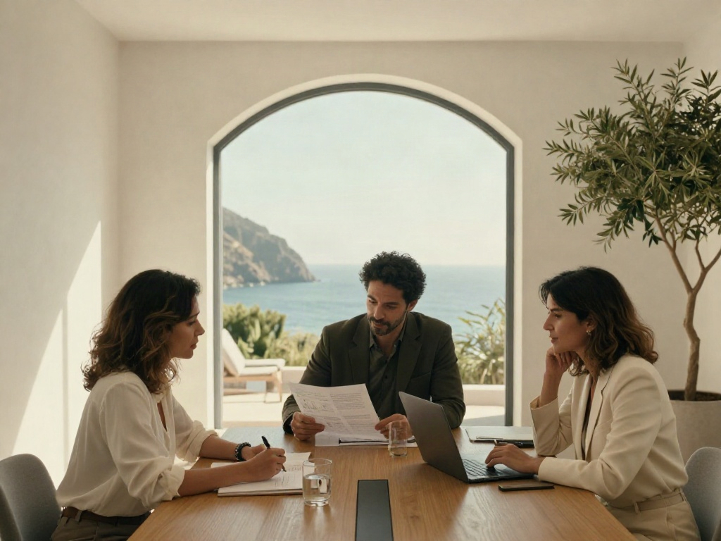 Consultants collaborating on a business strategy in a bright coastal office